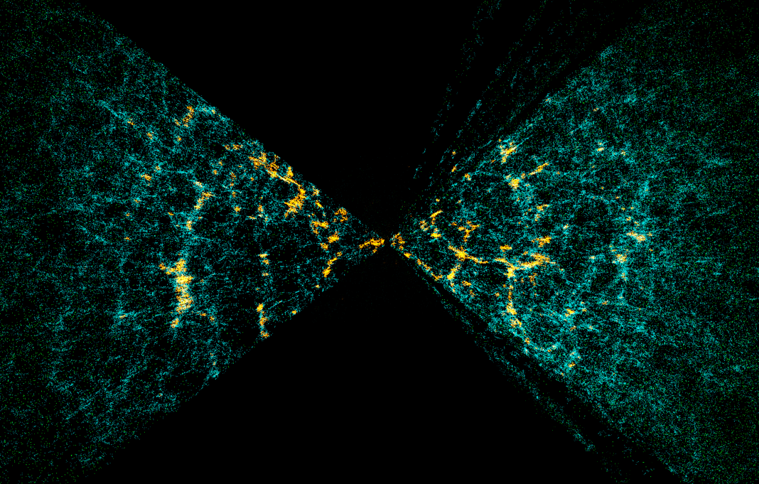 2df_faceon Galaxias del 2dF Galaxy Redshift Survey (1997–2002), mostrando la estructura a gran escala del universo. Visualización: OpenSpace / AMNH Digital Universe.